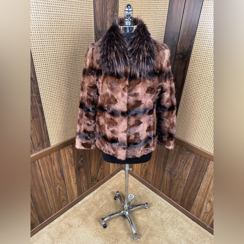 BEAUTIFUL BROWN MINK SECTIONS & FOX COLLAR TRIM FUR COAT JACKET SIZE XS